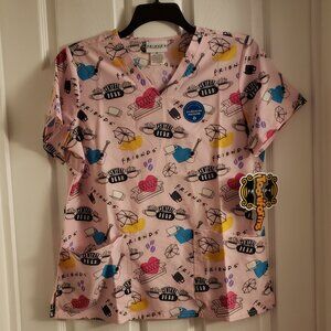 Friends Central Perk Pink Cherokee Scrub Top Medium Tooniforms V-Neck Shirt NWT
